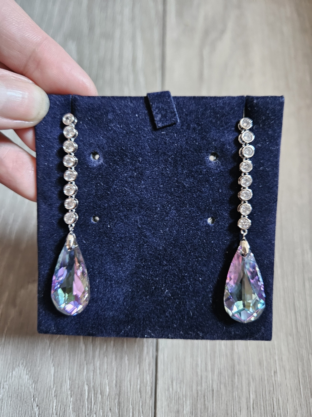 Iridescent Teardrop Dangle Earrings with Clear Crystal Chain
